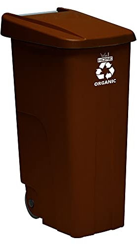 Contenedor - cubo de basura Wellhome Reciclo 110 litros,color marrón cerrado con tapa, ideal para reciclaje de residuos ORGÁNICOS, con ruedas