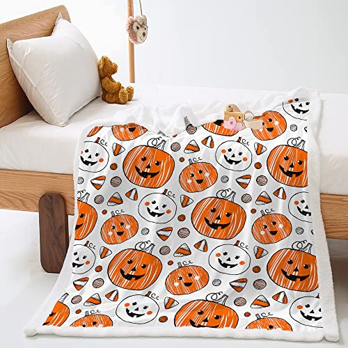 Highdi Wohndecke Kuscheldecke Flauschige Zweiseitige Decke mit 3D Halloween Kürbis Bedruckt, Weiche Warm Fleecedecke als Sofaüberwurf Tagesdecke oder Wohnzimmerdecke (Süßer Kürbis,90x120cm)