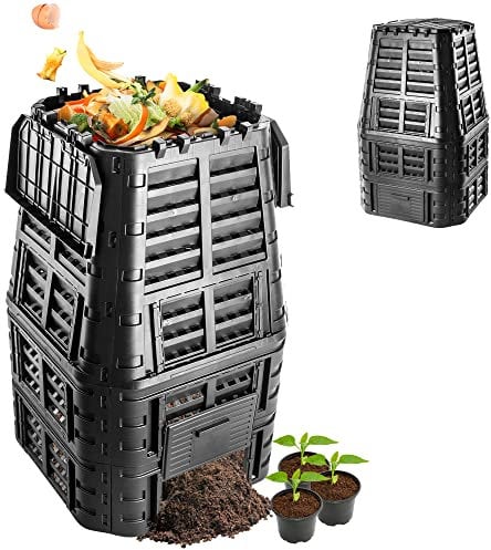 KADAX Compostador de compostaje negro, compostador rápido de plástico, resistente a la intemperie con tapa plegable (1000 L)