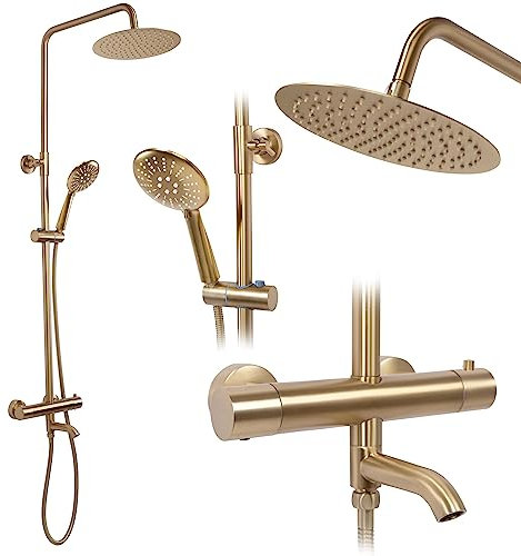 Rea Duschsystem mit Thermostat Lungo Gold Brush Duschset Duscharmatur mit Duschkopf und Kopfbrause aus Messing Duschgarnitur für Badezimmer (Gebürstetes Gold)