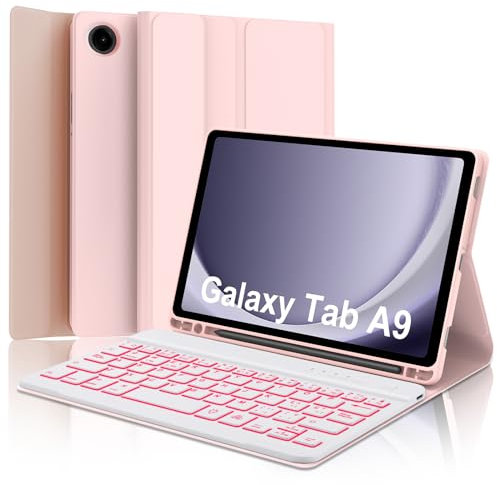 IVEOPPE Funda con Teclado Samsung Galaxy Tab A9 8.7 Pulgadas 2023, Teclado Samsung Tab A9 (SM-X110/X115/X117), Funda Teclado Español Ñ Bluetooth Retroiluminado Desmontable para Samsung A9 8.7, Rosa