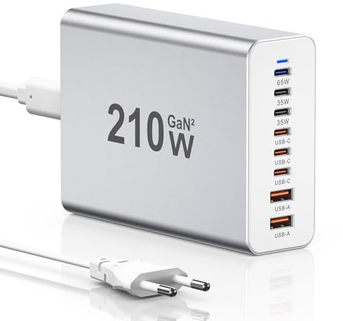 Chargeur USB C, 210W Alimentation USB C 8 Ports GaN PD 3.0 Chargeur Rapide avec Adaptateur Multi-Chargeur mâle Compatible avec iPhone 12/13/14/15 Series/MacBook Pro/Air/Samsung Galaxy S23/S22/S21