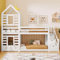 Kinderbett, Etagenbett 90x200cm mit Ecktreppe und Rausfallschutz, Hausbett für Kinder, Hochbett aus Holz mit Lattenrost, Vielseitiges Kinderbett mit Dach, für Jungen & Mädchen, Weiß