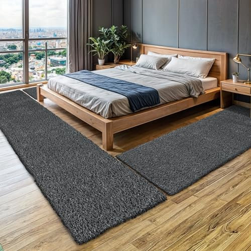MY-RUG Bettumrandung Schlafzimmer 3teilig Teppich Grau - 2mal 140x70 und 1mal 300x80cm - Bettvorleger rutschfest Läufer Hochflor Deko