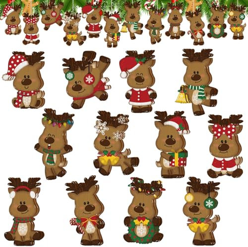 Holzanhänger Weihnachten Elch, 24 Stück Weihnachtsanhänger REH Christbaumschmuck Holz Antikstil Weihnachtsdeko Anhänger für Weihnachtsbäume Festliche Innendekoration