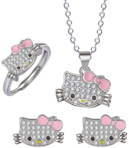 FYFLYMT K-itty Kawaii Halskett,K-itty Ohrringe mädchen,K-itty Cartoon Ring,3 Stück K-itty Schmuckset,Halskette Kette Schmuck Geschenke Für Frauen Teenager-Mädchen