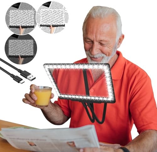 Wiederaufladbare 5-fache Lupe mit Umhängeband, integrierte 43 LED-Leuchten zur Vergrößerung der ganzen Seite, mit flexiblem Schwanenhals und 23,6 x 17,8 cm, geeignet für ältere Menschen