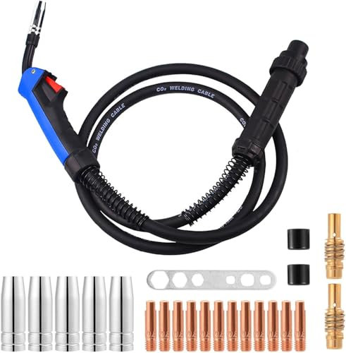 Torcia di Saldatura MIG MAG 15AK da 4m con 21 Parti Usurate, Pistola per Saldatura Manuale con Cavo Flessibile, Connettore Euro, per Saldatura CO2 e Filo-Blu