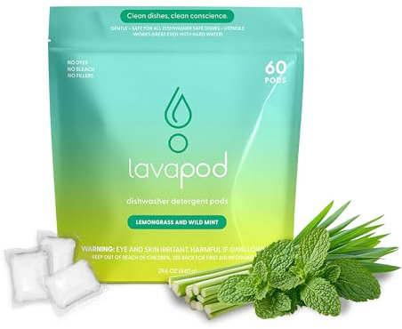 Natural Dishwasher Pods | Plant-Based Enzyme Dishwasher Detergent, Lemongrass & Wild Mint, Eco-Friendly, Tough on Grease & Food Residue, 60 Count