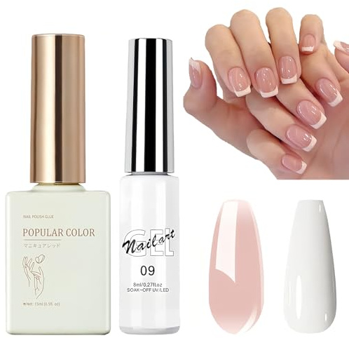 French Manicure Gel Nail Polish Kit, White and Nude Jelly Polish With Liner for UV/LED Soak Off Tips - DIY French Manicure for Women
