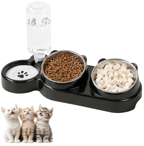3 in 1 Cat Food And Water Bowl Set - Stainless Steel Cat Bowl 15° Tillable Double Cat Bowls with Stand&Water Dispenser for Pets Removable Food Bowl for Cats and Small Dogs, Black