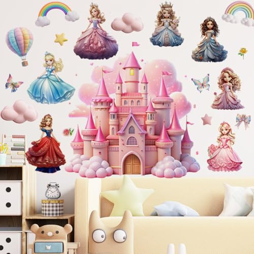COVPAW Wandtattoo Prinzessin Schloss für Kinderzimmer, Selbstklebende Wandaufkleber mit Regenbogen und Wolken, PVC Wandsticker Set, Mehrfarbig, Mädchenzimmer Dekoration (WPRINCASTLE)