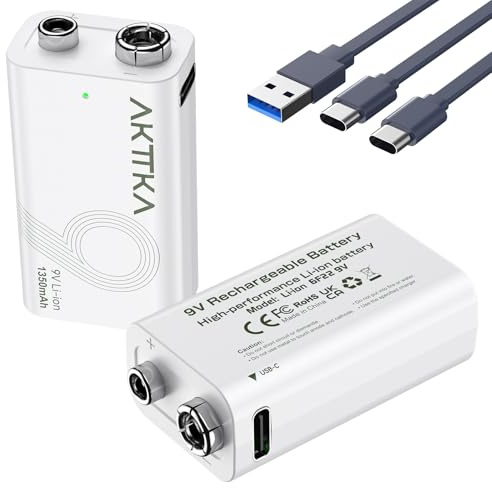 AKTTKA 2 Pack 9V Rechargeable Batteries, 5000mWh Lithium 6F22, 800+ Cycles | Alternative to Alkaline&NiMH 9V Batteries•USB-C Fast Charging•Low Self-Discharge•5-Layer Safety Protection•Wide Compatibility