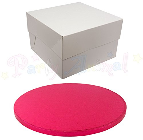 ROUND COLOURED Drum cake BOARD and white transporting BOX (12 Inch, Cerise)