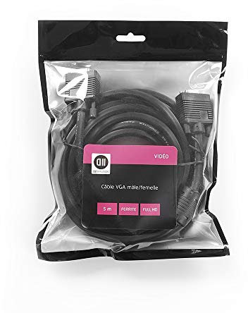 D2 Diffusion Rallonge VGA mâle/Femelle 5m Noir - avec ferrite - Full HD Vendu en Sachet Gaine 8mm