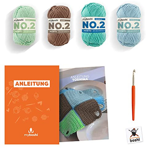myboshi Häkelset Topflappen Toshima, inkl. No.2 Wolle, Nadel und Anleitung, Häkelpaket, 85% Baumwolle, 15% Kapok Grün, mit Häkelnadel