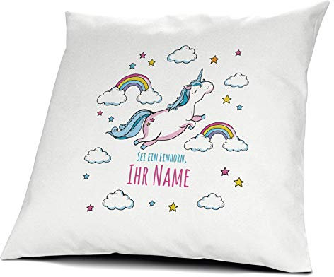 printplanet® Kissen mit Namen personalisiert - 100% Baumwoll Kopfkissen - Motiv Dickes Fliegendes Einhorn individuell gestalten - Kissenbezug inkl. Füllung - 40 x 40 cm