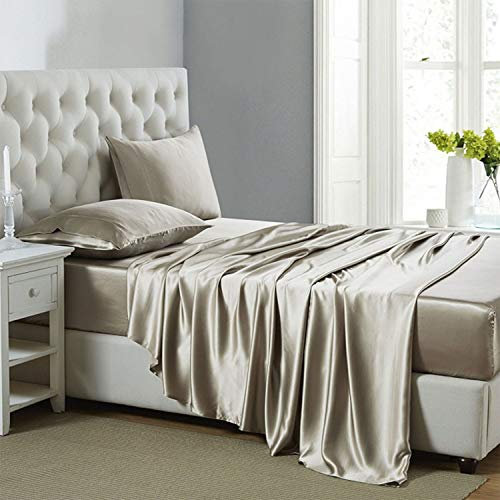 Lanest Housing 4-teiliges Queen-Size-Bettwäsche-Set mit tiefen Taschen, kühlend, weich und hypoallergen, Satin-Bettlaken, Taupe