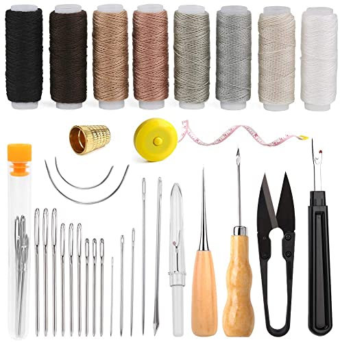 BAGERLA Heavy Duty Sewing Kit with Sewing Awl, Seam Ripper, Needles, Thread, Leather Craft Tool Kit for Shoes, Sofa, Tent, Carpet, Leather Craft DIY