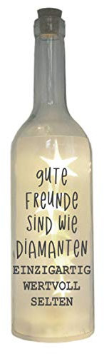WB wohn trends LED-Flasche mit Motiv, Gute Freunde sind wie Diamanten, grau, 29cm, Flaschen-Licht Glitzer-Flasche Leuchtflasche Lampe mit Text Spruch