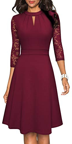 HOMEYEE Damen Elegant Hollow Out Spitzenärmel Swing Retro Party Cocktailkleid A234 (M, Burgund)