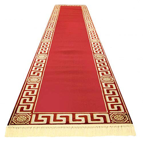 Mäander Flurteppich Teppich Läufer Teppichläufer Flur Schlafzimmer Küche Maänder Muster Kurzflor in Rot Gold mit Fransen - Mäander Design Antirutsch Seidenoptik 100% Viskose Öko Tex - rot, 80x300 cm