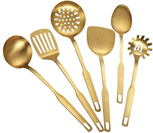 Juego de Utensilios de Cocina, 6 Piezas de Acero Inoxidable, Seguros para el Hogar, Adecuados para Ollas y Sartenes Antiadherentes (Dorado)