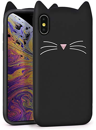 MEGANTREE Cute iPhone Xs Max case, Funny Black Whisker Cat Ears Kitty Case, 3D Cartoon Animal Soft Silicone Shockproof Slim Fit Back Cover Bumper Cases Skin for Girls Kids Children Women