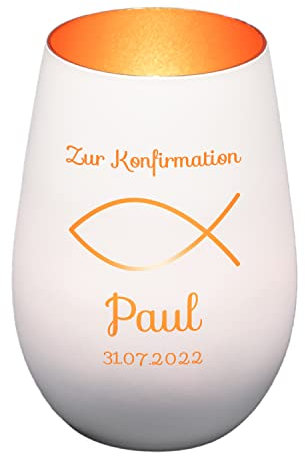 Windlicht mit Gravur zur Konfirmation | Weiß/Bronze | Motiv Fisch | Geschenk zur Konfirmation Junge Mädchen | Tischdeko und Konfirmationsgeschenk personalisiert | Teelichtglas