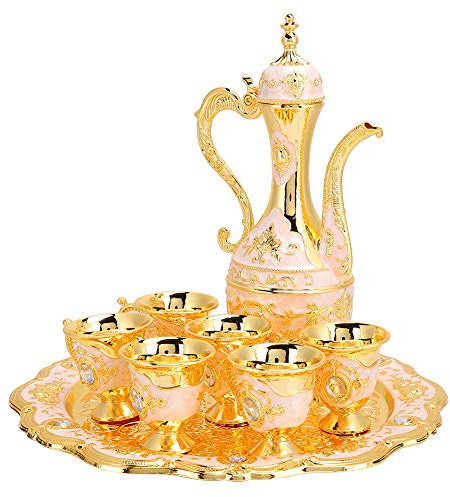 Vintage Tea Set, Metal Luxury Tea/Coffee Cup Set with Golden Trim Beautiful Tea Set with Teapot Coffee Serving Vintage Turkish Coffee Pot Set for Home Bar, Tea Party (Gold and Pink)