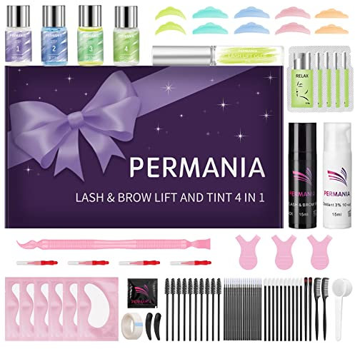 PERMANIA Lash Lift and Tint Kit, Salon Grade Eyelash Lift and Tint Kit, 4 in 1 Brow Lamination with Black Color, Curling & Coloring Effect Lash Up to 4 Weeks, Natural Result Eyebrow and Lash Colours
