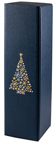 10x Wein Geschenkkarton Weihnachten, für 1 Flasche - Blau & Gold, Weihnachtsbaum Motiv, hochwertige Leinenoberfläche