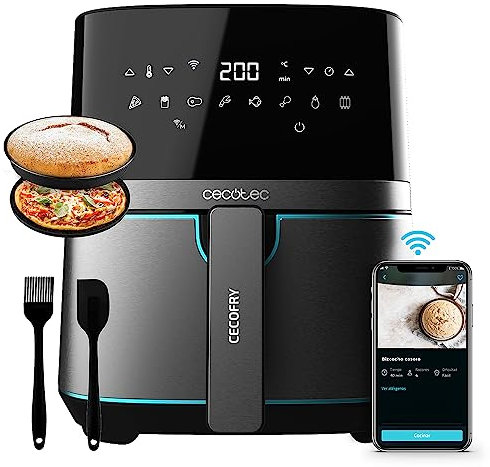 Cecotec Freidora sin Aceite Inteligente 5,5 L de Aire Caliente Cecofry Full InoxBlack 5500 Connected Pack, 1700 W, Control APP y Táctil, Termostato Regulable, Acabados en Acero Inox