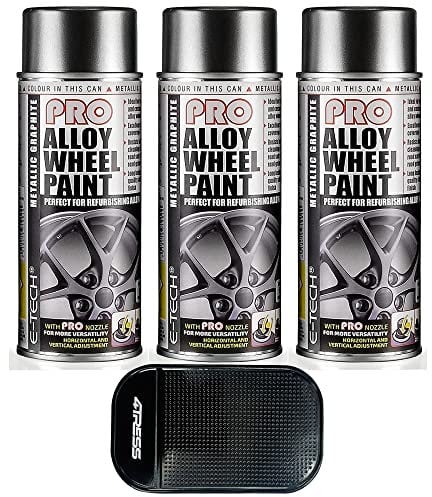 4TRESS E Tech 3 x 400ml PRO Metallic Graphite Grey (702) Alloy Wheel Spray Paint Non Slip Car Dash Mat