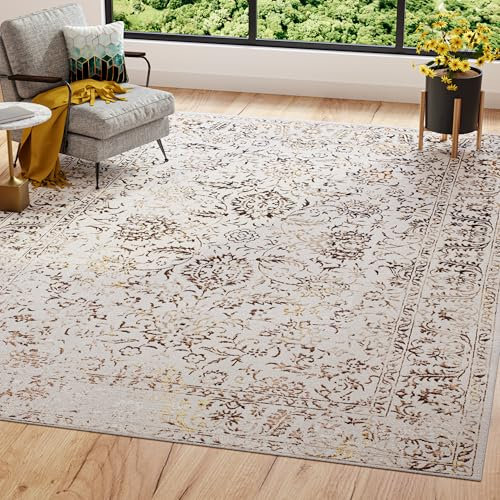 TAPISO Golden Teppich Kurzflor Wohnzimmer Schlafzimmer Luxuriös Creme Gold Braun Vintage Rahmen Blumen Meliert Verwischt Modern Design ÖKOTEX 80 x 150 cm