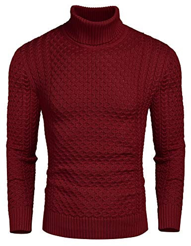 COOFANDY Pull à col roulé décontracté pour homme - Col roulé - Coupe ajustée - Couleur unie - Pull chaud à col roulé - Pull d'hiver, rouge vin, S
