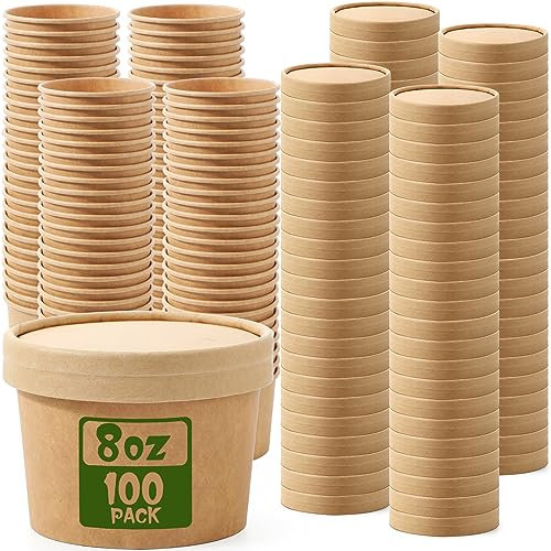 Fulmoon 100 Pack Paper Soup Containers with Lids Disposable Paper Food Containers with Vented Lids Kraft Ice Cream Containers Bowls Soup Cup Ice Cream Cups for Soups Restaurants(8 oz,Brown)