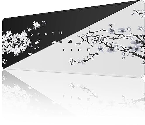 ETZ Tapis de Souris Noir et Blanc en Fleurs de Cerisier Japonais (80 x 30 x 0,3 cm) Grand Tapis de Souris étendu, Bords Cousus, Base en Caoutchouc antidérapant, Tapis de Souris de Jeu XL.
