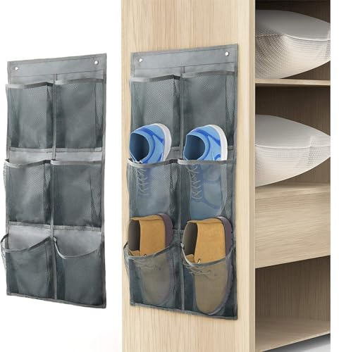 QUMENEY 2pcs Storage Organizer with Hook Hang Foldable Large Deep Pockets | Shoe Rack for Closet and Narrow Door Organizer Shoe Holder Hanger (Grey)