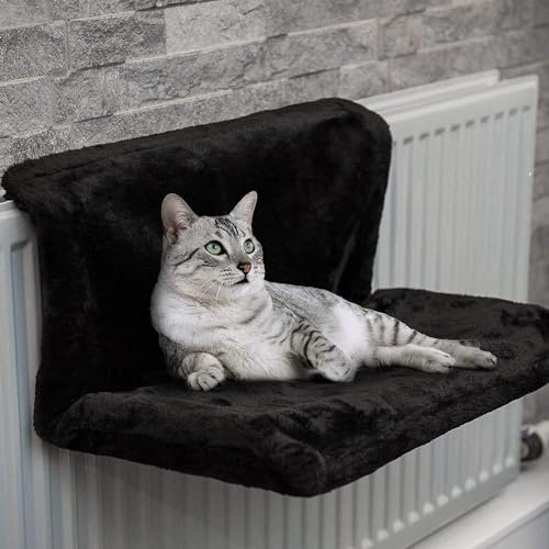 Katzenhängematte Heizung Heizkörperbett für Katzen Weicher Plüsch Metallrahmen Faltbar Katzen Kuschelsack Liegemulde für Katzen für Alle Gängigen Heizkörper (Schwarz)