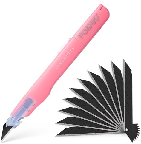 FOSHIO Cutter à 30° avec 10 lames cassables à 30° pour films, papier, travaux manuels et papier peint, couteau de sculpture, couteau de bricolage (Couleur rose)