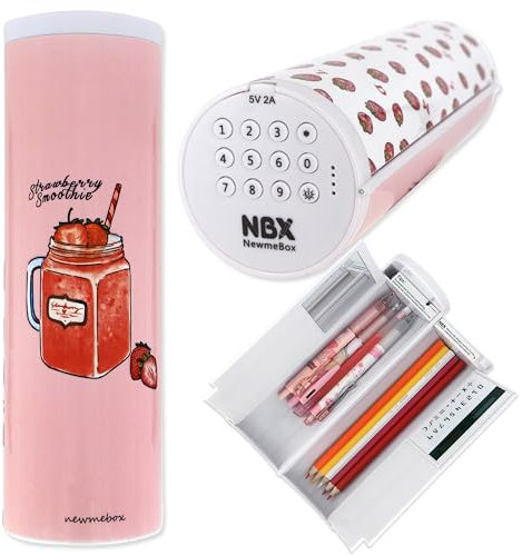 Lockable Pencil Case with Calculator, Standing Cylinder Shape, Multifunctional Password Lock Pen Box, Locking Desk Organizer, Cute Patterns for Girls, Boys, Kids, School Supplies(Strawberry)