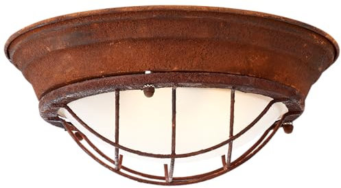 Lightbox Vintage Wand- & Deckenlampe - 15 cm Höhe, Ø 34 cm - industrielle Deckenleuchte mit Glas Abdeckung & Gitter - 2 x E27, max. 30 W - aus Metall/Glas - in Rostfarben/Weiß