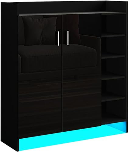 LED Schuhschrank,Holzschuhaufbewahrungs-Organizer mit 5 Klappen 2-Türig 4 Fächer Kommode,Schrank Flur Schuhkommode Schuhkommode (Schwarz mit Led)