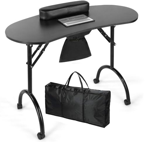JXYQZD Maniküretisch Mobil, Faltbarer Nageltisch mit Schublade, Handgelenkpolster, Tragetasche und 4 Universalrädern, Professioneller Spa-Salon-Kunsttisch (Color : Negro, Size : with Fan)