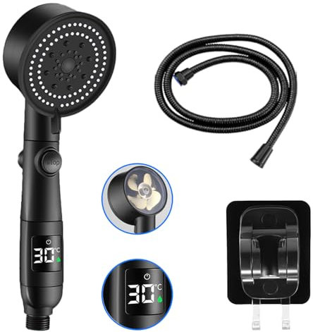 Pommeau de Douche à Affichage Numérique,Pomme Douche Economiseur Universelle Douchette,5 Modes Pomme de Douche avec Support de Douche et Tuyau de 1,5 m