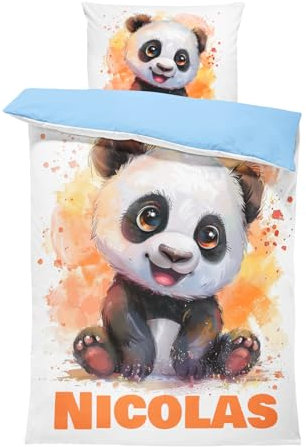 Pictogogo Süßes Panda-Design Kleinkindbettwäsche für Mädchen und Jungen, Personalisiert, Wählbare Baumwollunterfarbe (Weiß, Rosa, Blau, Grau), Oeko-TEX, 100 x 135 cm