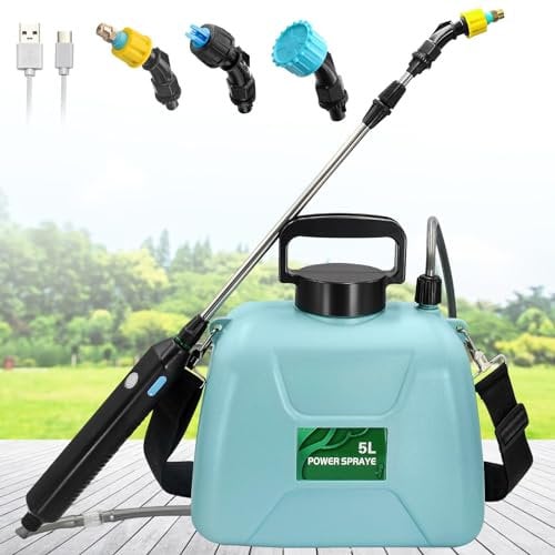 Kevsuvqin Pompa Irroratrice a Batteria 5Litri, 5V/2400mAh Spruzzatore a Pressione Elettrico, Nebulizzatore Piante con 3 Ugelli Multifunzionale, Spruzzino Nebulizzatore Acqua Retrattile per Irrigazione