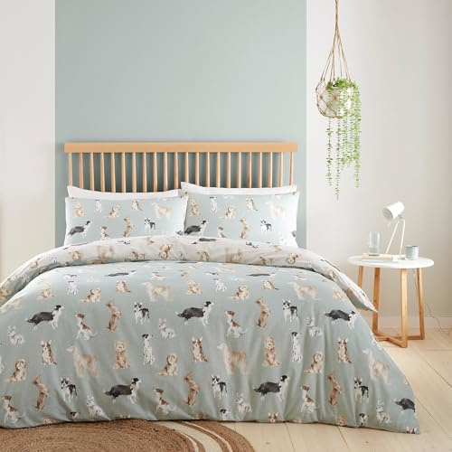 Fusion Hunde-Bettbezug, Kingsize-Größe (230 x 220 cm), wendbares Design (Beige und Enteneiblau), Pfotenabdruck-Bettbezug, Hunde-Aufdruck, Shih Tzu, Französischer Stier und Pudel