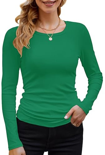 Basic T-Shirt Damen Mit Langen Ärmeln Elegant Rippshirt Pullover Herbst（Grün，XL